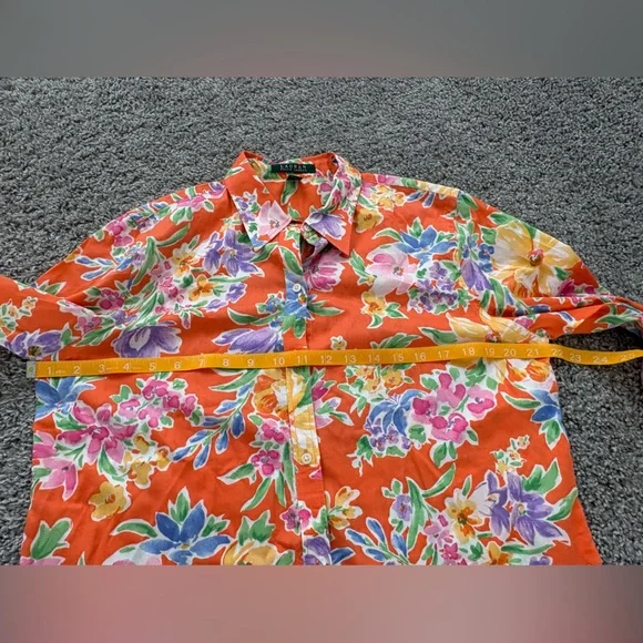 Ralph Lauren Orange tropical Floral 3/4 sleeve bottom up Shirt - Picture 5 of 7